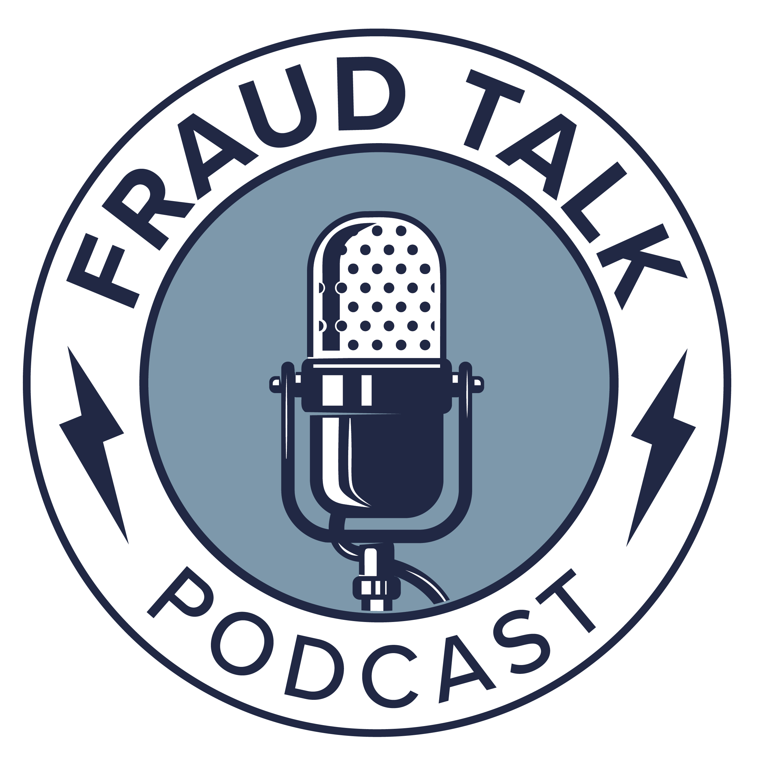 Logo with Fraud Talk on the top, podcast at the bottom and a microphone in the center.