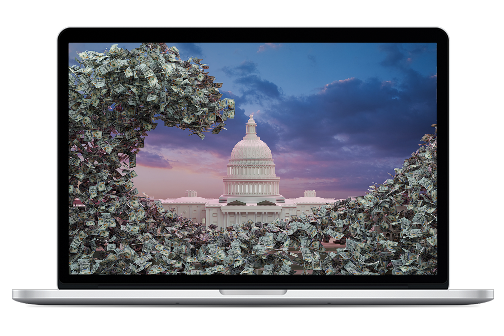 Laptop displaying an image of a wave of cash in front of a government building 