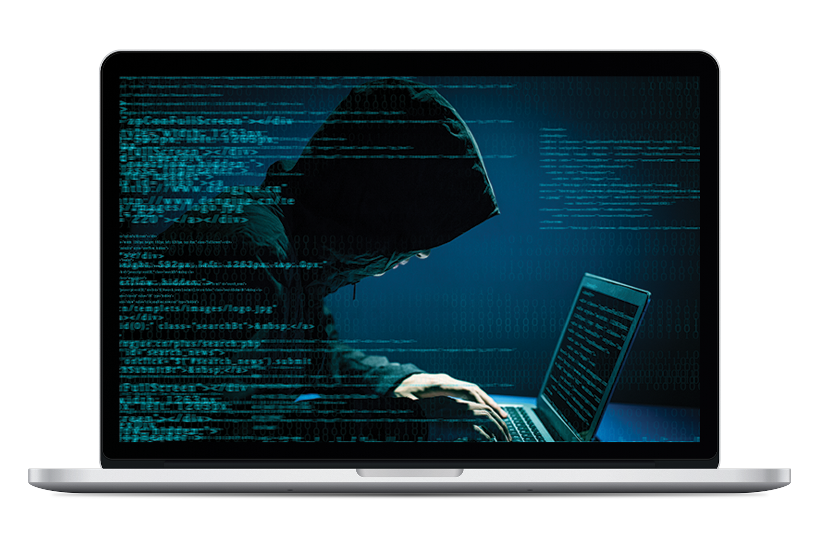 Image of a laptop displaying a hacker stealing data
