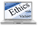 Laptop screen with Ethics in large font.
