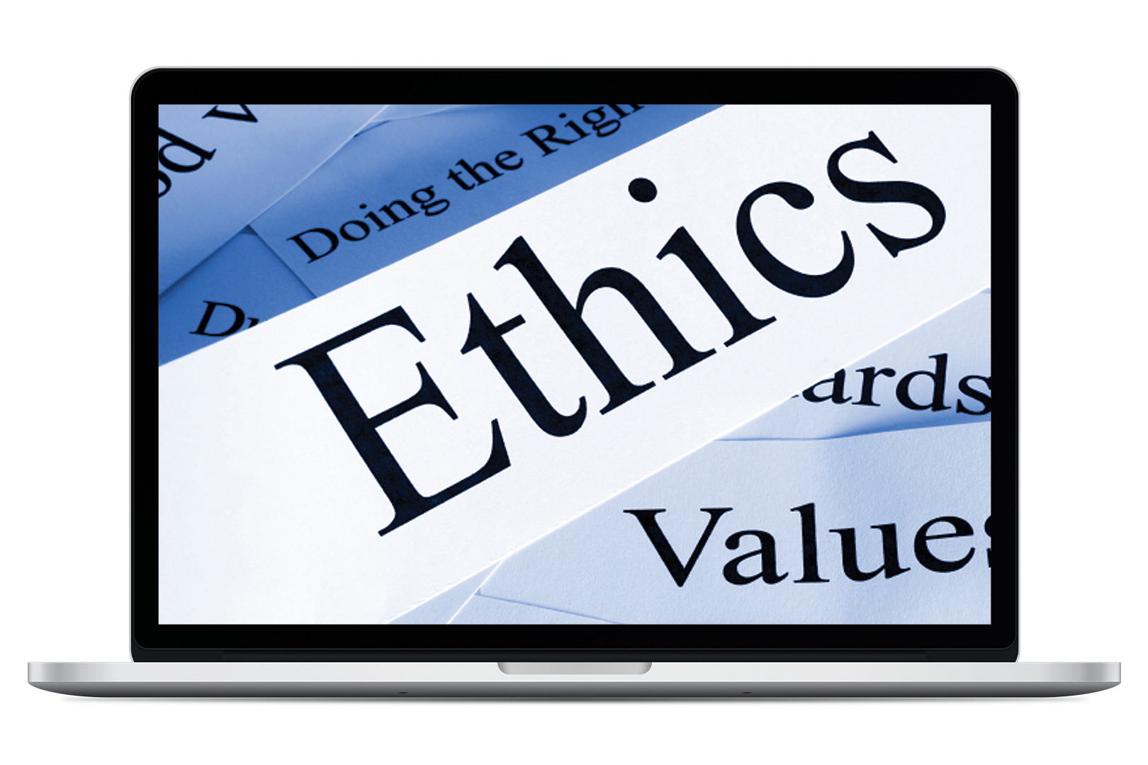 Laptop displaying the word Ethics and Value