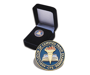 Enamel circular lapel pin bearing the ACFE logo in navy and bronze
